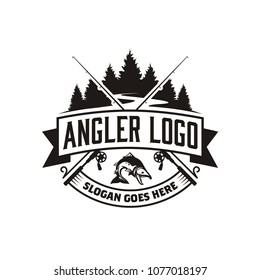 Bass Carp Salmon with Pines Conifer Evergreen Tree for Forest River Creek Angler Fishing Emblem Logo design 