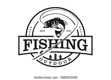 Bass Carp Salmon with Pines Conifer Evergreen Tree for Forest River Creek Angler Fishing Emblem Logo design
