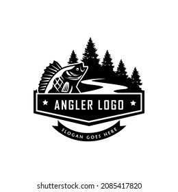 Bass Carp Salmon with Pines Conifer Evergreen Tree for Forest River Creek Angler Fishing Emblem Logo design