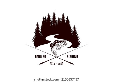 Bass Carp Salmon with Pines Conifer Evergreen Tree for Forest River Creek Angler Fishing Emblem Logo design