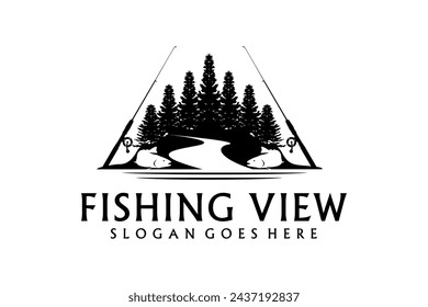 Bass Carp Salmon with Pines Conifer Evergreen Tree for Forest River Creek Angler Fishing Emblem Logo design