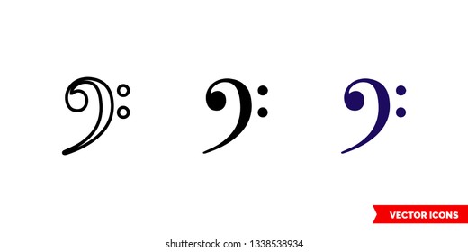 Bass clef icon of 3 types: color, black and white, outline. Isolated vector sign symbol.