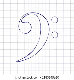 Bass Clef icon. Hand drawn picture on paper sheet. Blue ink, outline sketch style. Doodle on checkered background