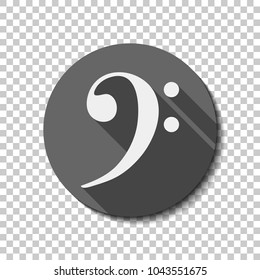 Bass Clef icon. White flat icon with long shadow in circle on transparent background