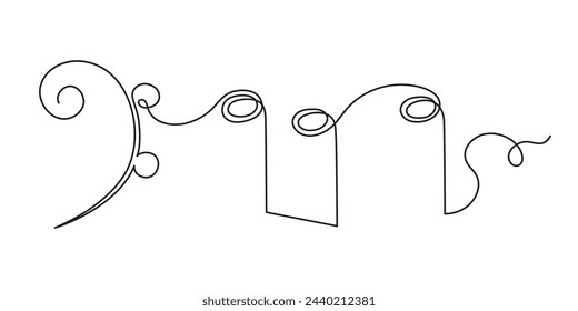 Bass clef and notes one line art, hand drawn continuous contour outline.Love music composition concept,minimalist template melody art design.Editable stroke.Isolated.Vector illustration