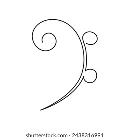 Bass clef one line art, hand drawn continuous contour outline.Love music composition concept,minimalist template melody art design.Editable stroke.Isolated.Vector illustration