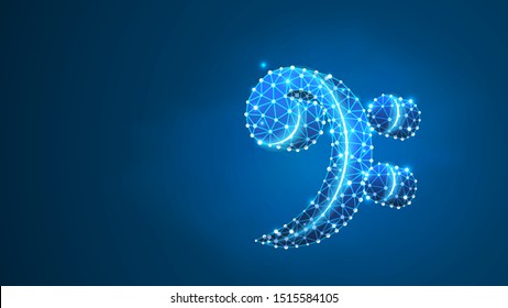 Bass clef sign. Music note, melody key, festival poster or banner concept. Abstract, digital, wireframe, low poly mesh, vector blue neon 3d illustration. Triangle, line, dot