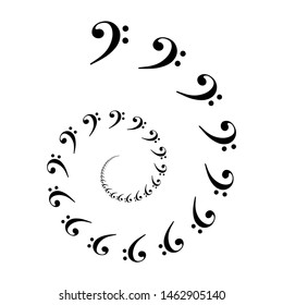 Bass clef spiral. Archimedean spiral made of  the most common musical symbol F-clef. Two turnings of an arithemetic spiral leads to a decorative pattern. Illustration. Vector.