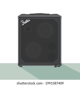 Bass combo, realistic illustration. Material for guitarists and rockers. Equipment for live performances. Heavy metal theme. Jazz attribute. column for monitoring. T-shirt material.