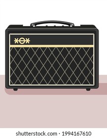 Bass combo, realistic illustration. Material for guitarists and rockers. Equipment for live performances. Heavy metal theme. Jazz attribute. column for monitoring. T-shirt material. Guitar speaker. 