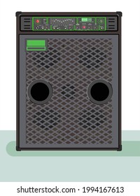 Bass combo, realistic illustration. Material for guitarists and rockers. Equipment for live performances. Heavy metal theme. Jazz attribute. column for monitoring. T-shirt material. Guitar speaker. 