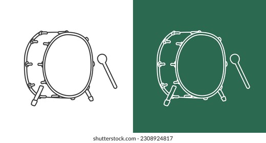 Bass drum line drawing vector design. Percussion instrument bass drum clipart drawing in linear style isolated on white and chalkboard background. Musical instrument clipart concept