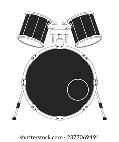 Bass drum with mid and high tom black and white 2D line cartoon object. Percussion instrument isolated vector outline item. Drumming hardware. Part of drum set monochromatic flat spot illustration