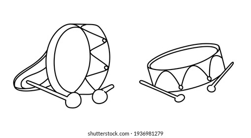 Bass drum y drum. Instrumentos de percusión musical. Esbozo aislado líneas negras dibujadas a mano ilustración vectorial estilo caricatura en un fondo blanco.