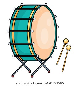 bass drum with a pair of drum sticks. The drum stands upright on a black stand with two crossed legs for support. The drum body is depicted in shades of green and blue, 