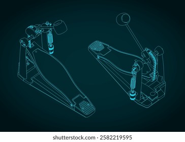 Bass drum pedal isometric blueprints illustration