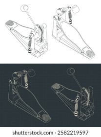 Bass drum pedal isometric blueprints illustrations