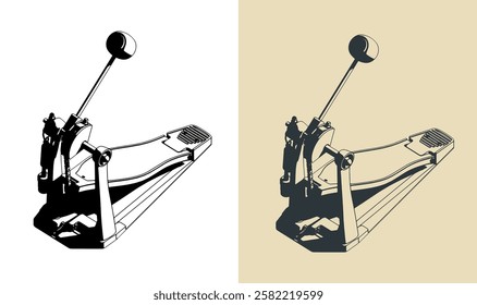 Bass drum pedal isometric illustrations