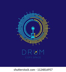 Bass drum, pedal with line staff circle shape logo icon outline stroke set dash line design illustration isolated on dark blue background with drum text and copy space