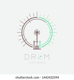 Bass-Trommel, Pedal mit Linien-Kreis Form Logo Symbol Kontur-Linie Linie Design-Illustration einzeln auf grauem Hintergrund mit Trommeltext und Kopienraum