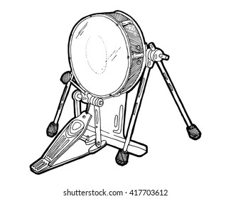 Bass drum with bass pedal sketch drawing isolated on white background. Hand drawing vector illustration . Drum doodle vector