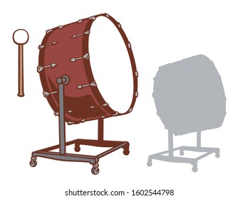 Bass Drum And It's Silhouette Set. Vector Illustration.	