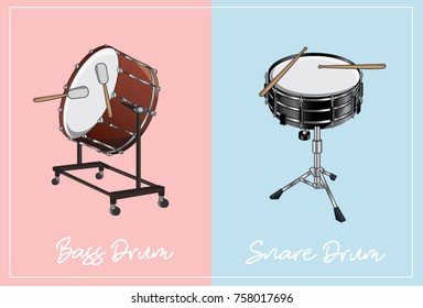 Bass Drum And Snare Drum Vector In Pastel Sets Background Of Instrument .