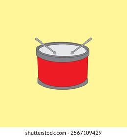 Bass drum with drum sticks vector illustration on yellow background. Musical instrument