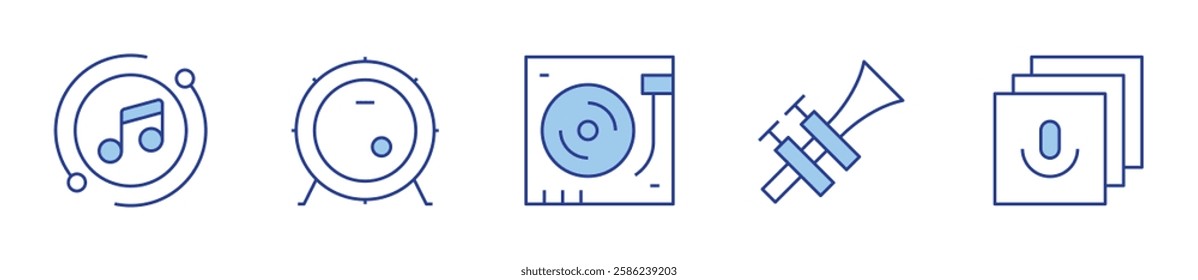 bass drum, turntable, library, trumpet, music. Music Icon vector illustration. Line Duotone style. Editable stroke.