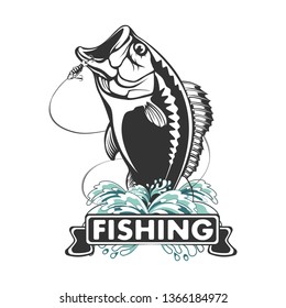 Bass fiishing logo for sport club. Bass fish with rod club emblem. Fishing theme vector illustration.