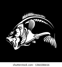 Bass fiishing logo for sport club. Bass fish with rod club emblem. Fishing theme vector illustration.