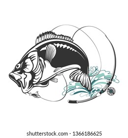 Bass fiishing logo for sport club. Bass fish with rod club emblem. Fishing theme vector illustration.