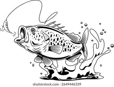 Peixe Baixo Personagem de Desenho Animado Saltando na isca - Ilustração desenhada à mão Vetor Preto e Branco Isolada no Fundo Transparente
