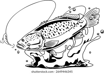 Bass Fish Cartoon Personagem Saltando em direção a isca de pesca com Splash - Ilustração desenhada à mão vetor preto e branco isolado no fundo transparente