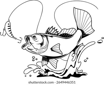 Baixo peixe Cartoon Personagem Salto na isca de pesca em Splash - Ilustração desenhada à mão vetor preto e branco isolado no fundo transparente