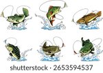 Bass Fish Cartoon Characters In Different Poses – Vector Hand Drawn Bundle Collection Set Isolated On Transparent Background