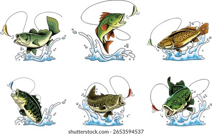 Baixo Peixe Caracteres De Desenho Animado Em Poses Diferentes - Conjunto De Coleção De Pacotes Desenhados À Mão Vetor Isolado Em Fundo Transparente
