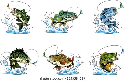 Bass Fish Cartoon Characters In Different Poses – Vector Hand Drawn Bundle Collection Set Isolated On Transparent Background