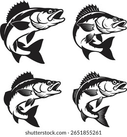 peixe baixo capturando o vetor de isca de pesca de achigã peixe baixo e o grande peixe baixo na silhueta preta vetor