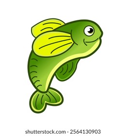 bass fish catcing the fishing lure, Cartoon fishes set, isolated design elements, vector of chef fish with hat, illustration background, Cute cartoon illustration of a blue fish with a white belly and