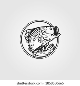 Bass fish circle logo. Vintage vector template illustration design