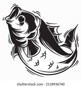 bass fish clip art fishing logo, black and white vector illustration