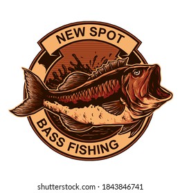 bass fish with hook for vintage logo emblem badge fishing vector illustration