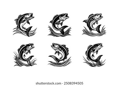  Bass fish jumping in a tattoo style design for print-ready graphics on micro stock platforms.