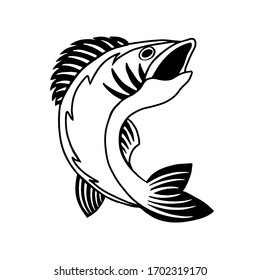 Bass Fish logo template. Animal hand drawn silhouette isolated on white background. Vector logotype