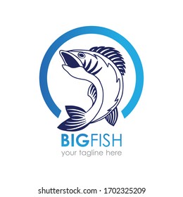 Bass Fish logo template. Round sign and animal hand drawn silhouette isolated on white background. Vector logotype