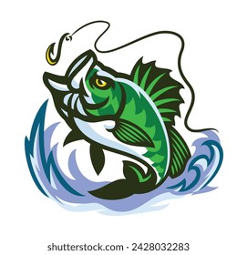Bass Fish Mascot Catching Fishing Hook