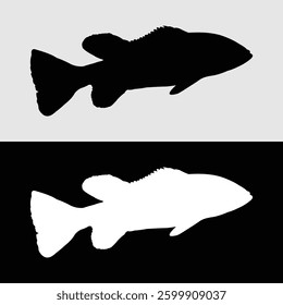 Bass fish peacock silhouette logo design with white and black background