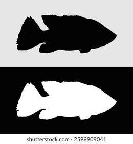 Bass fish peacock silhouette logo design with white and black background