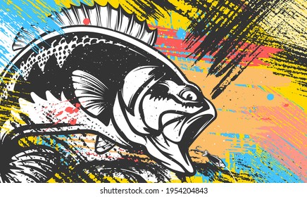 Bass fish with rod club emblem. Fishing theme illustration. Fish Isolated on white.